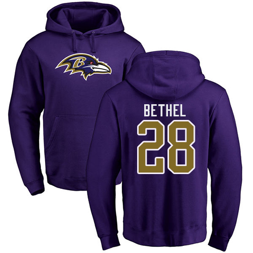 Men Baltimore Ravens Purple Justin Bethel Name and Number Logo NFL Football 28 Pullover Hoodie Sweatshirt
